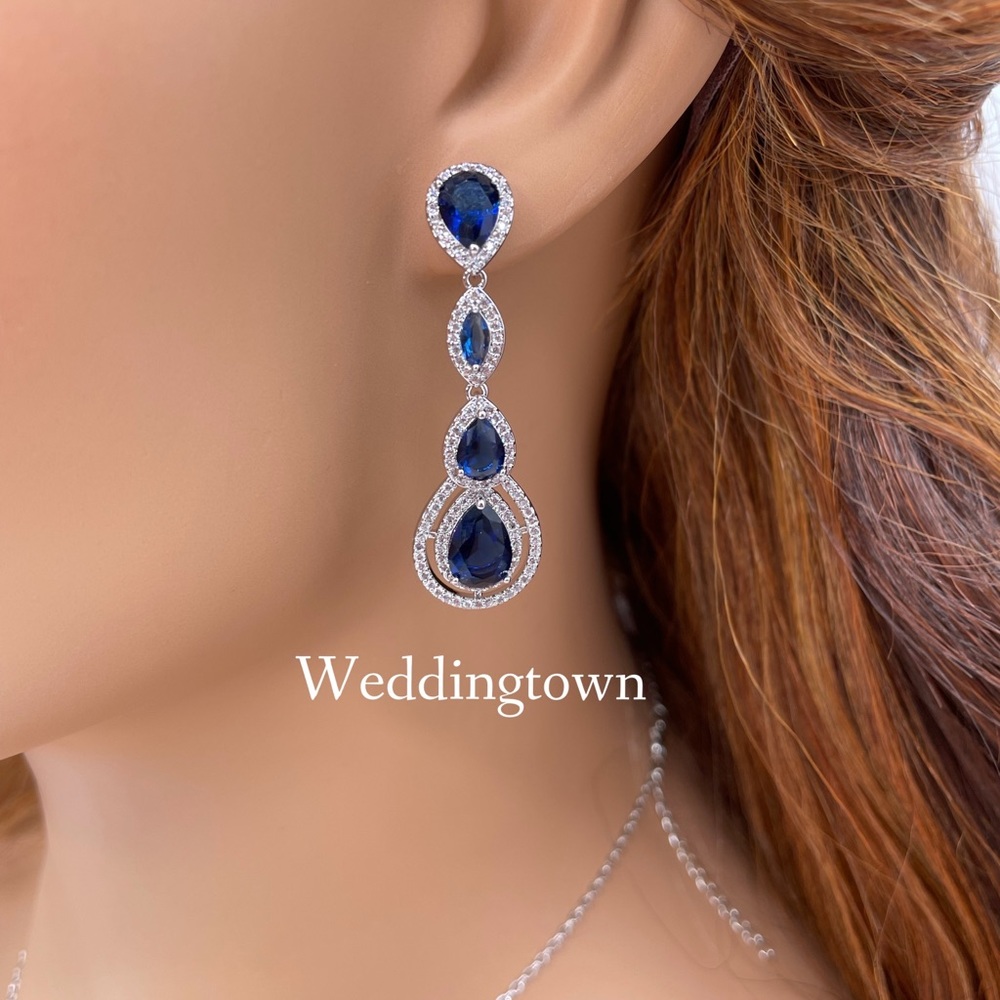 Sapphire blue dangle halo chandelier earrings